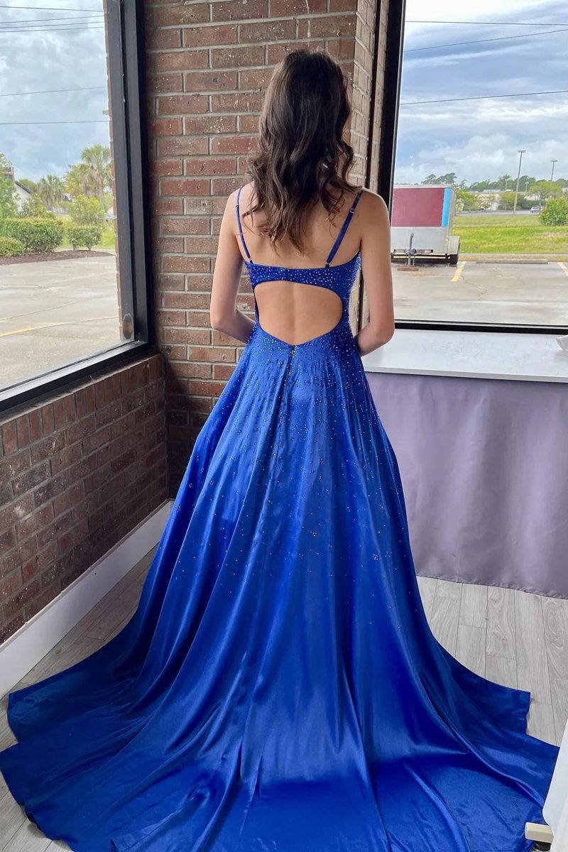 Athena | A - Line Spaghetti Straps Royal Blue Long Prom Dress with Beading - KissProm