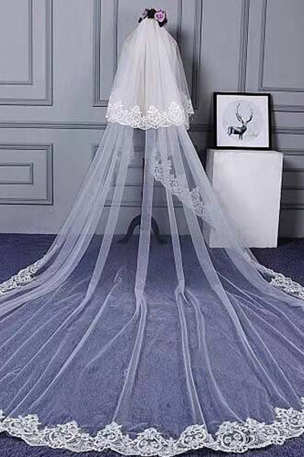 Charming Long Tulle Lace With Appliques Chapel Wedding Veil - KissProm