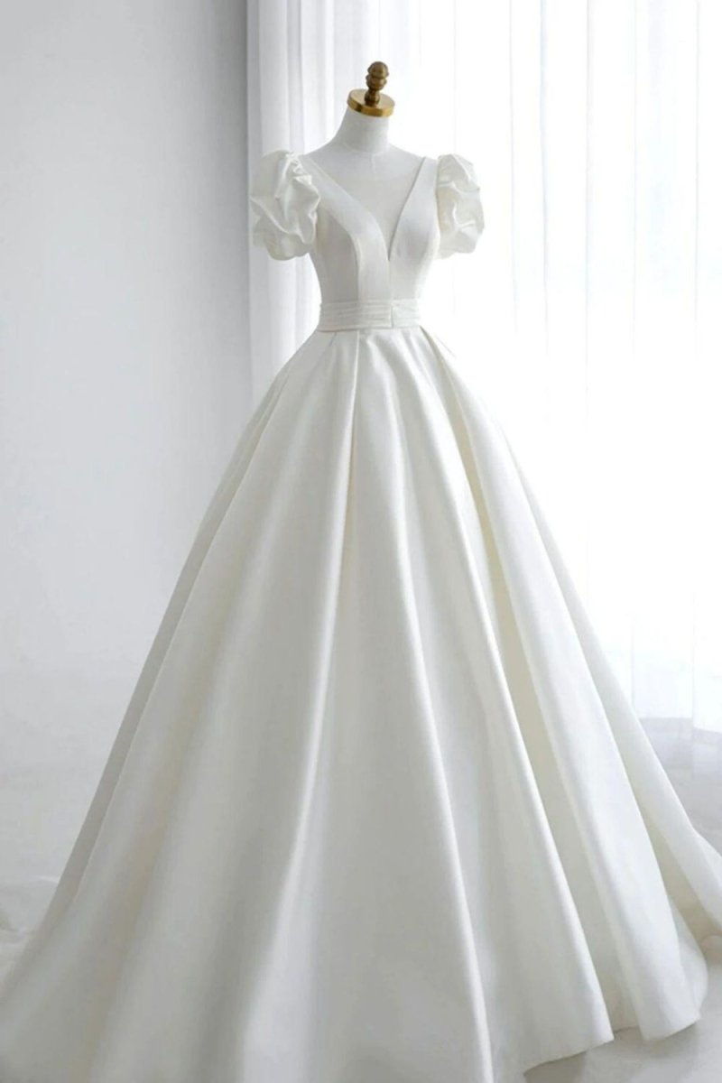 Elegant A Line V Neck White Wedding Dress with Short Sleeves - KissProm