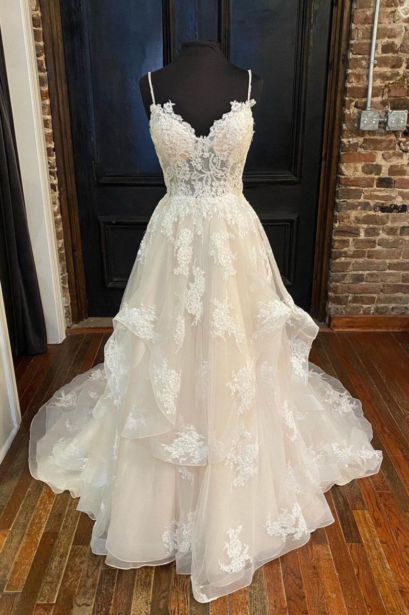 Halle | A - Line Straps Ivory Long Wedding Dress with Appliques - KissProm