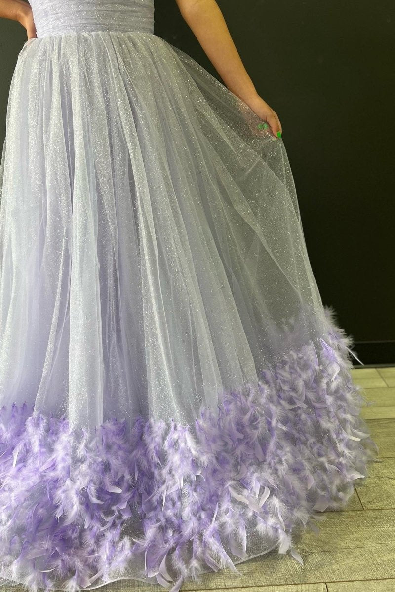 Lavender Strapless Pleated A - Line Prom Dress with Feathers - KissProm