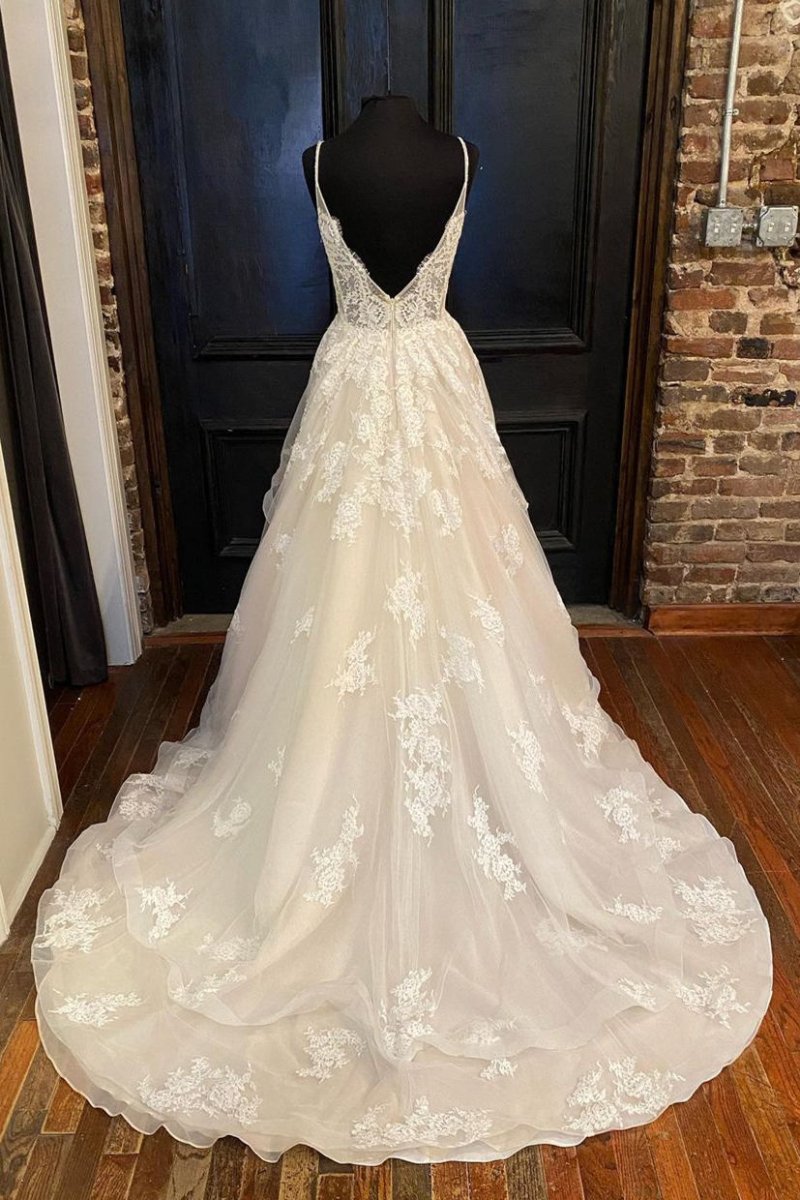 Halle | A - Line Straps Ivory Long Wedding Dress with Appliques - KissProm