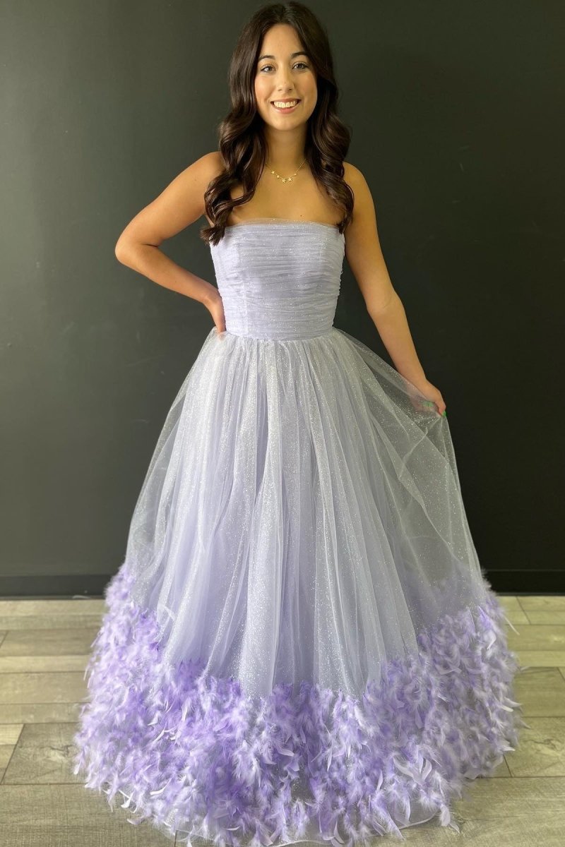 Lavender Strapless Pleated A - Line Prom Dress with Feathers - KissProm