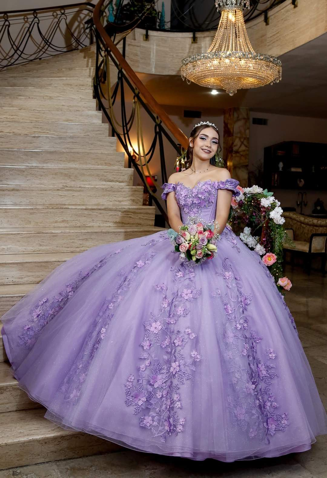 Lavender Off The Shoulder Tulle Appliques Ball Gown Dress