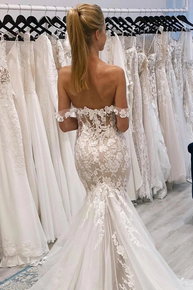 Ivory Off the Shoulder Long Lace Mermaid Wedding Dress - KissProm