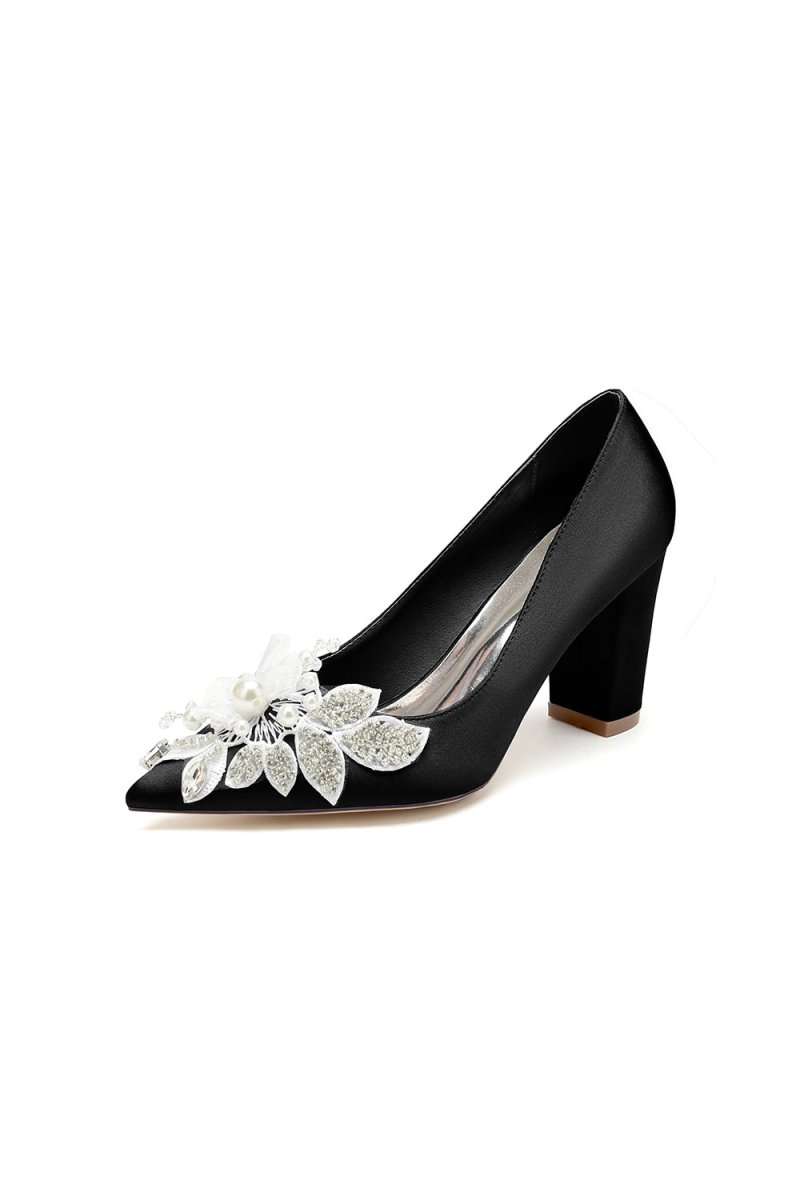 Floral Beaded Pointed Toe Chunky Heel - KissProm