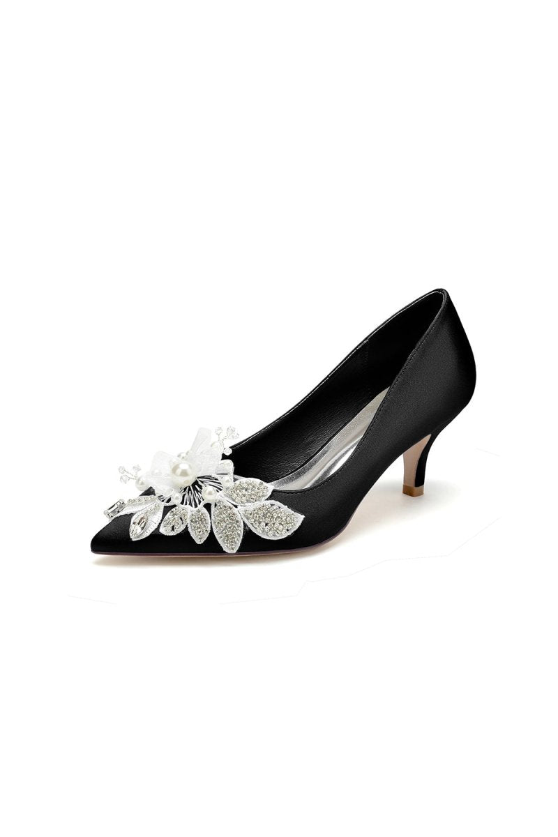 Floral Beading Pointed Toe Satin Kitten Heels - KissProm