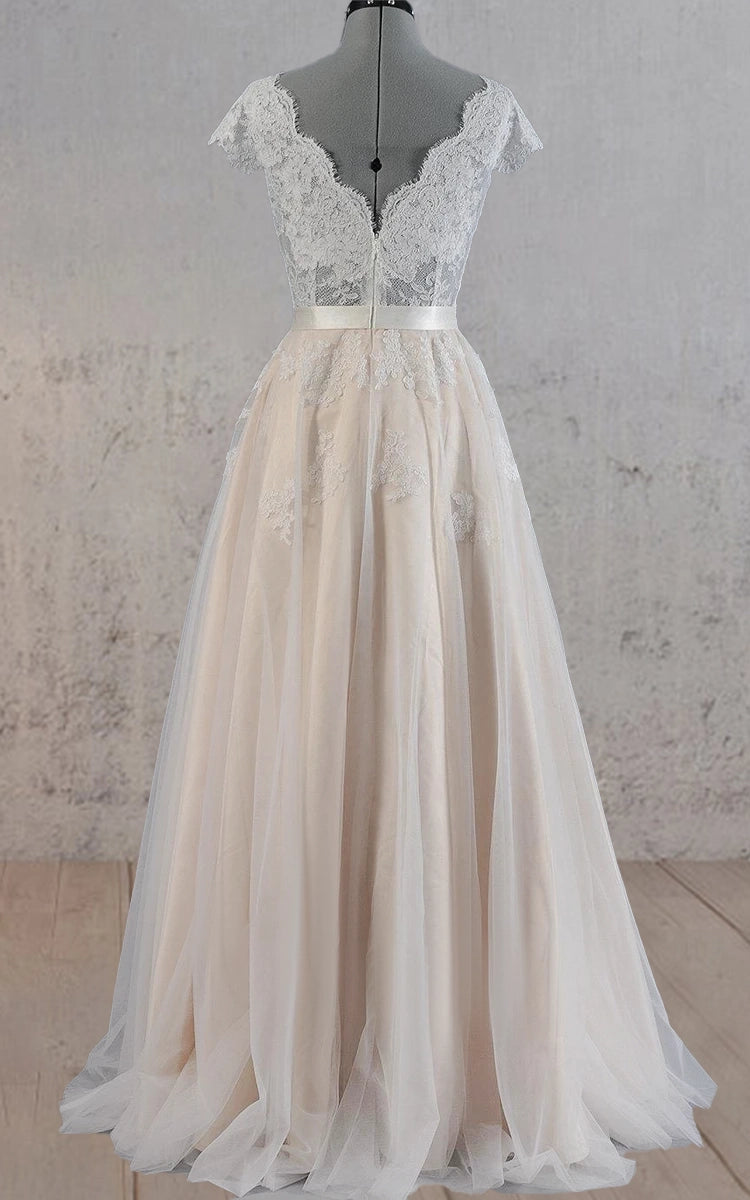 Cap Sleeve V - Neck Lace Wedding Dress With Tulle Skirt and V - Back - KissProm