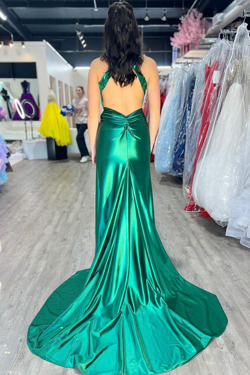 Romi | Mermaid Halter Dark Green Satin Long Prom Dresses with Beads - KissProm