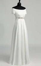 Graceful Off - the - shoulder A - line Beaded Satin Wedding Dress - KissProm