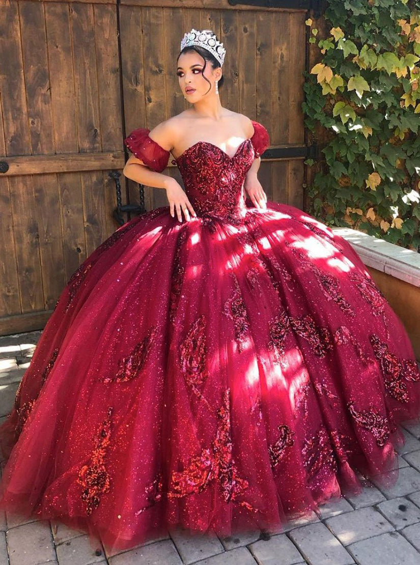 Burgundy off fashion the shoulder quinceanera dresses