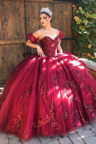 Quinceanera Dress Burgundy Off Shoulder Tulle Lace Long Prom Dresses Sweet Dresses - KissProm