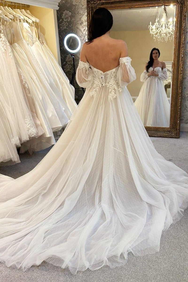 Ivory Tulle A - Line Long Wedding Dress with Train - KissProm