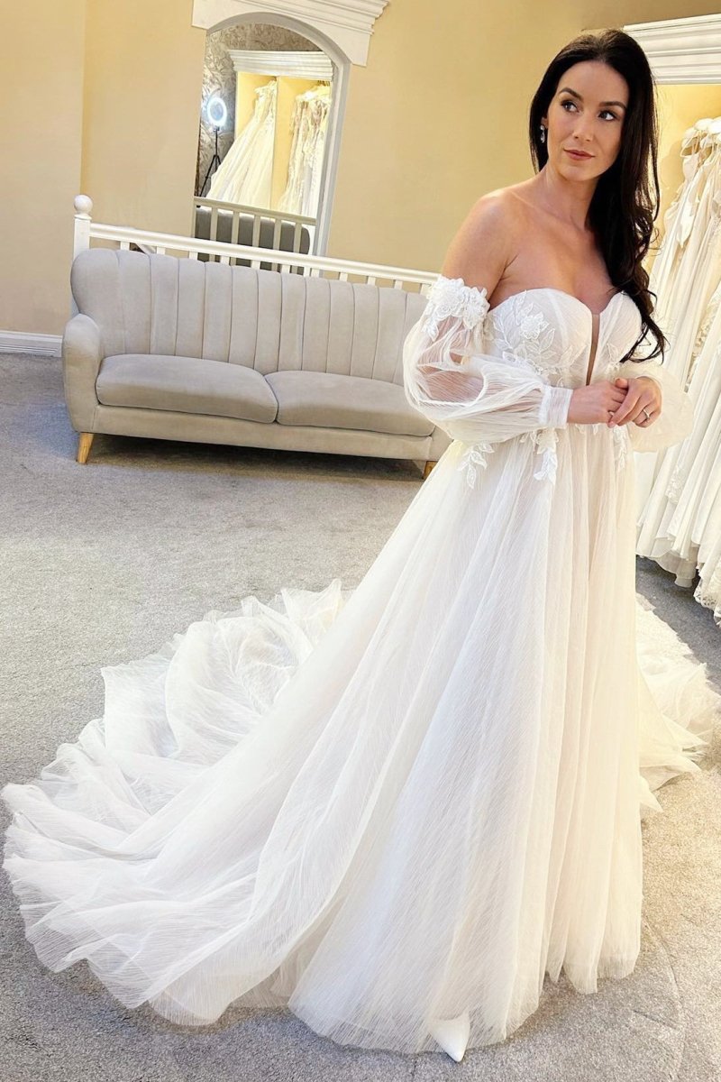 Ivory Tulle A - Line Long Wedding Dress with Train - KissProm