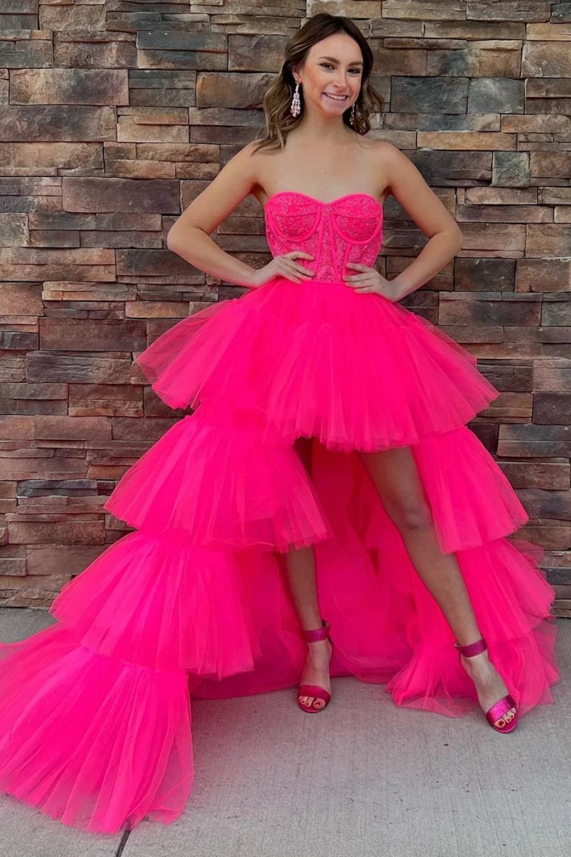 Paige |A - Line Asymmetrical Strapless Tiered Tulle Prom Dress - KissProm