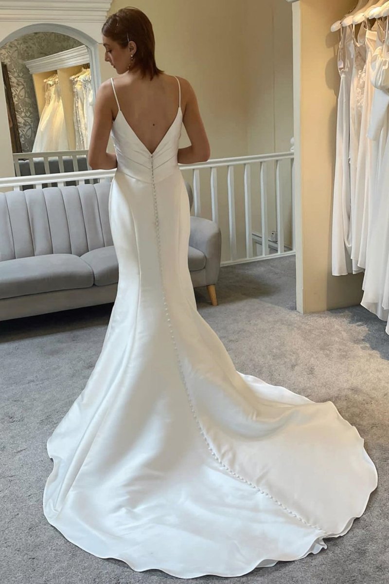 Ivory Spaghetti Strap Backless Mermaid Long Wedding Dress - KissProm