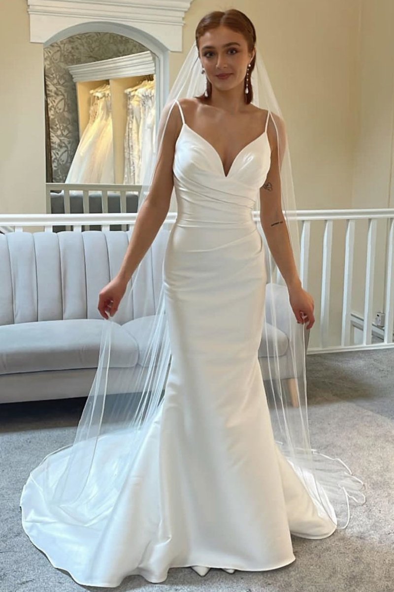 Ivory Spaghetti Strap Backless Mermaid Long Wedding Dress - KissProm