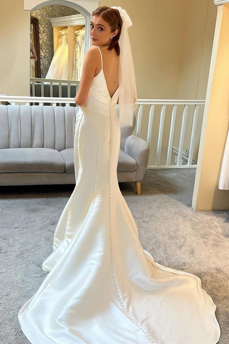 Ivory Spaghetti Strap Backless Mermaid Long Wedding Dress - KissProm