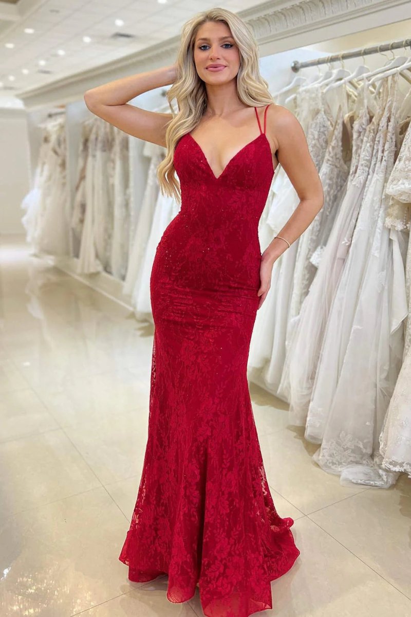 Elsa| Red Lace V Neck Mermaid Prom Dress - KissProm