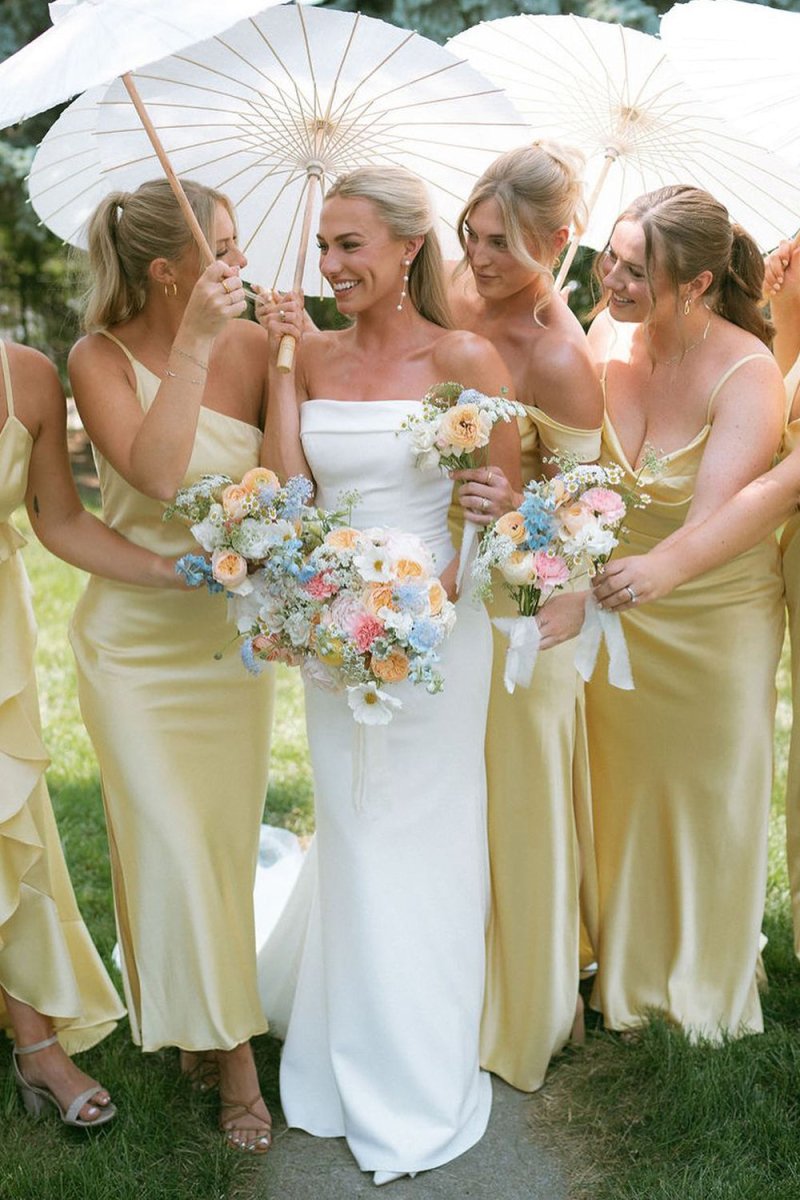 Sheath Silk Satin Yellow Long Bridesmaid Dresses - KissProm