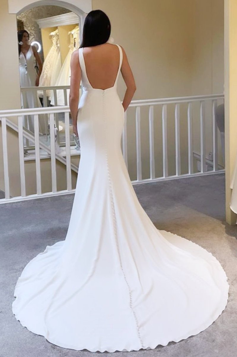 Ivory Plunge V Open Back Mermaid Long Wedding Dress - KissProm