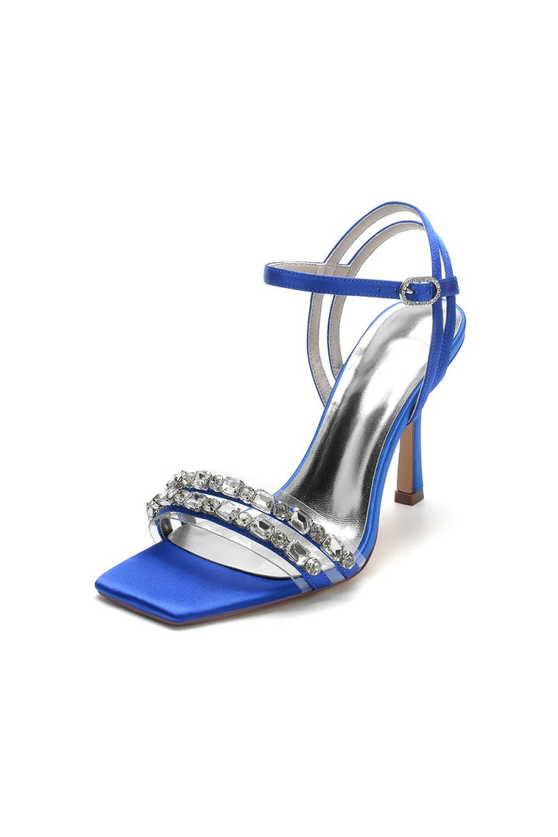 Royal Blue Satin Heels with Double Crystal Straps - KissProm