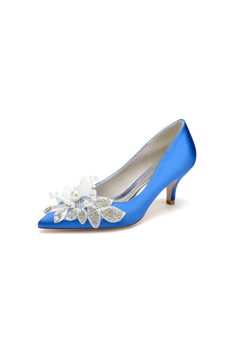 Floral Beading Pointed Toe Satin Kitten Heels - KissProm