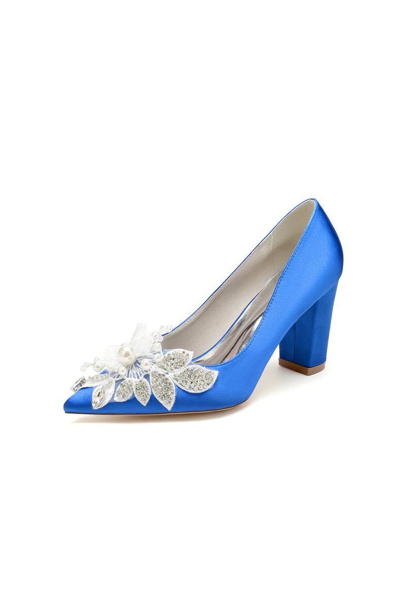 Floral Beaded Pointed Toe Chunky Heel - KissProm