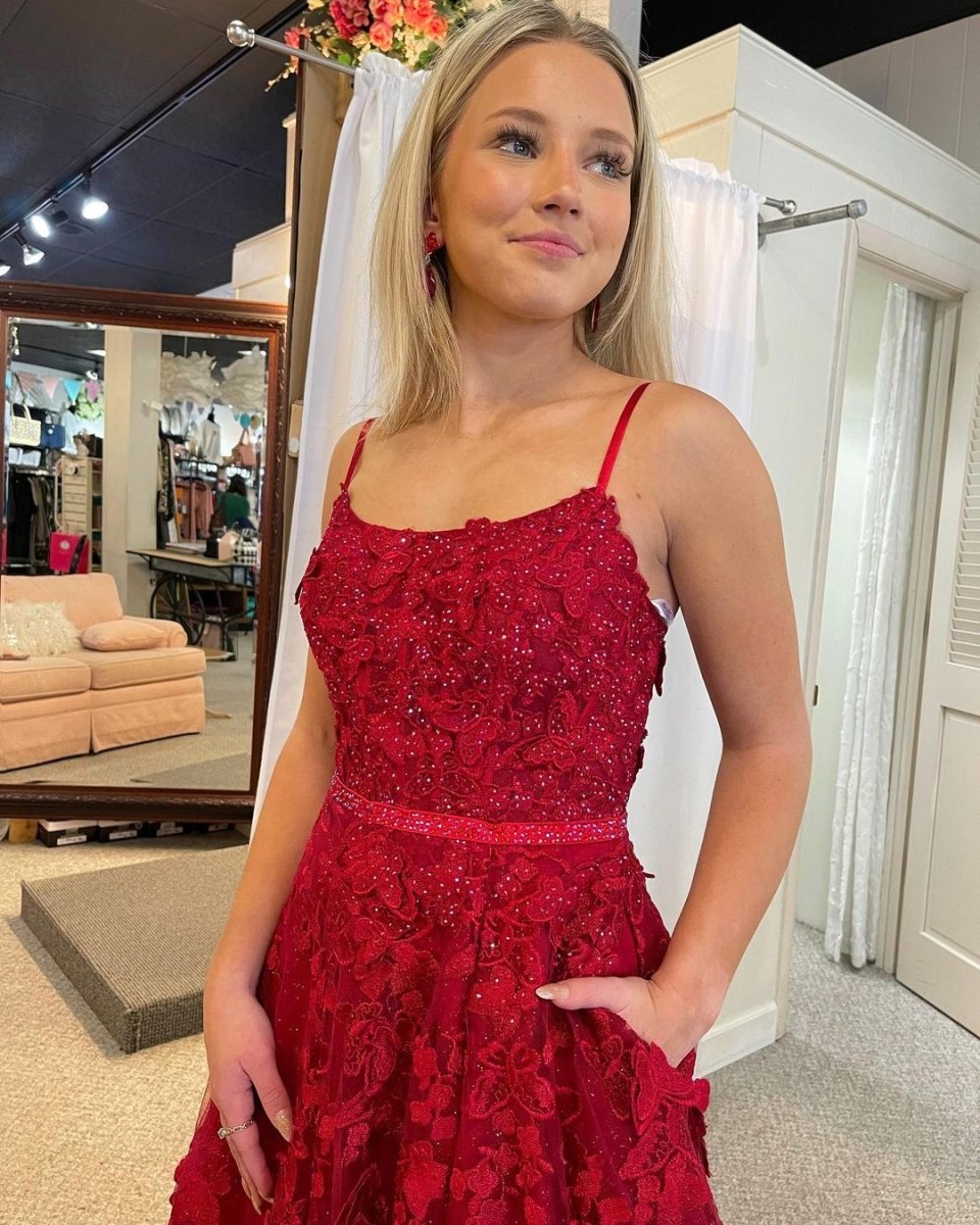 Shana | Cute A Line Scoop Neck Red Lace Prom Dresses with Beading - KissProm