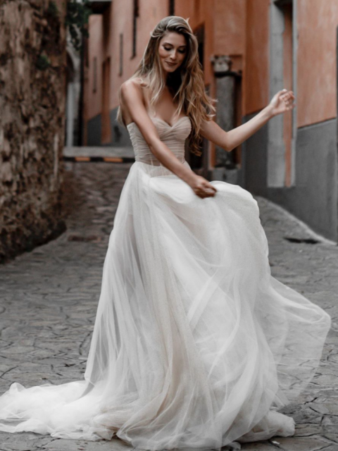 A - Line Sweetheart Tulle Long Wedding Dresses - KissProm