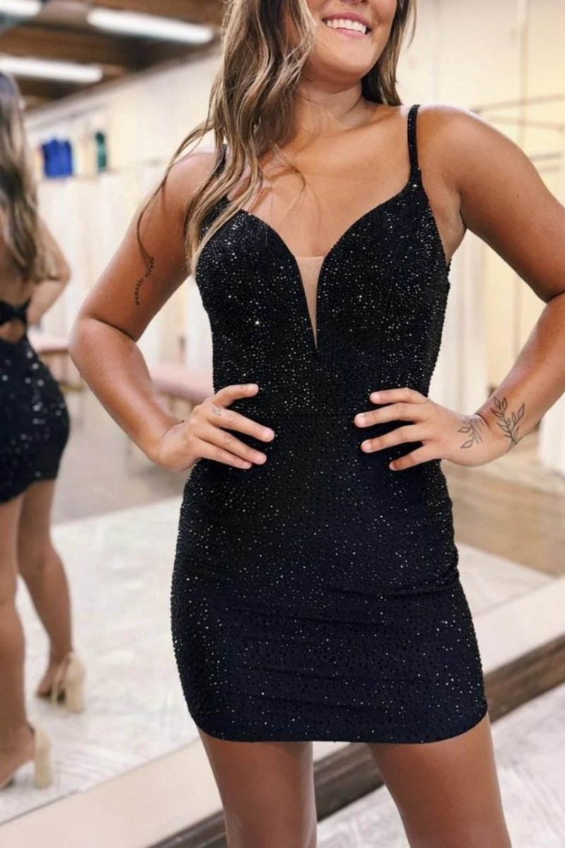 Bodycon V Neck Beaded Tight Homecoming Dresses - KissProm