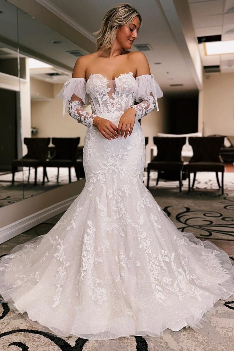 Baylor | White Floral Lace Sweetheart Mermaid Wedding Dress with Detachable Sleeves - KissProm