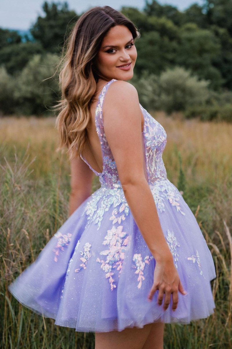 Davina | Lace Plunge V Backless A - Line Short Homecoming Dress - KissProm