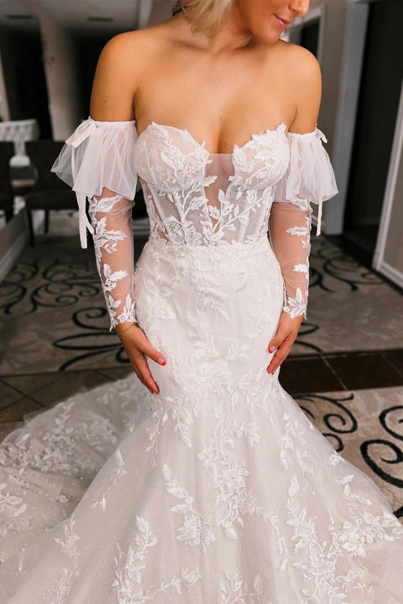 Baylor | White Floral Lace Sweetheart Mermaid Wedding Dress with Detachable Sleeves - KissProm