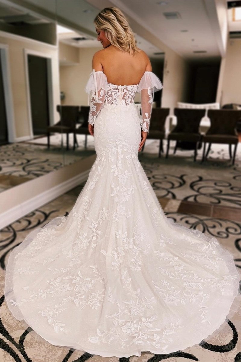 Baylor | White Floral Lace Sweetheart Mermaid Wedding Dress with Detachable Sleeves - KissProm