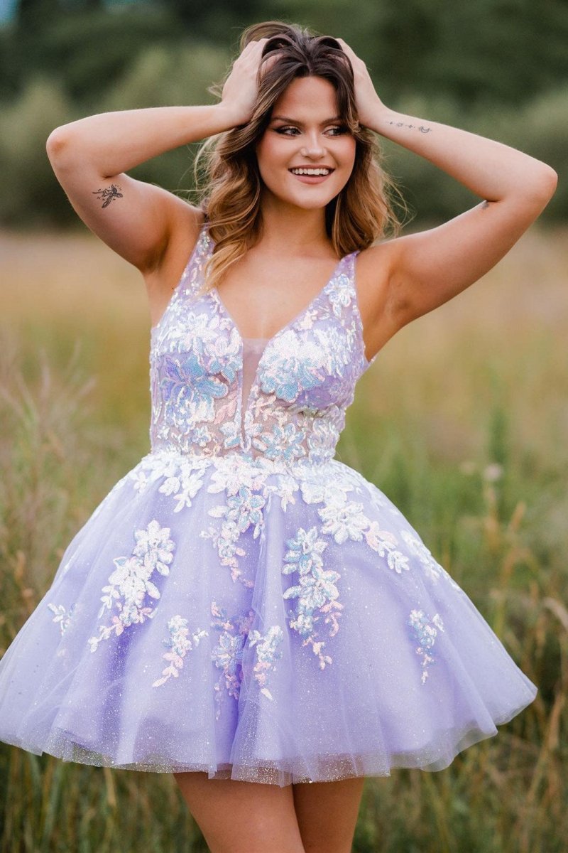 Davina | Lace Plunge V Backless A - Line Short Homecoming Dress - KissProm