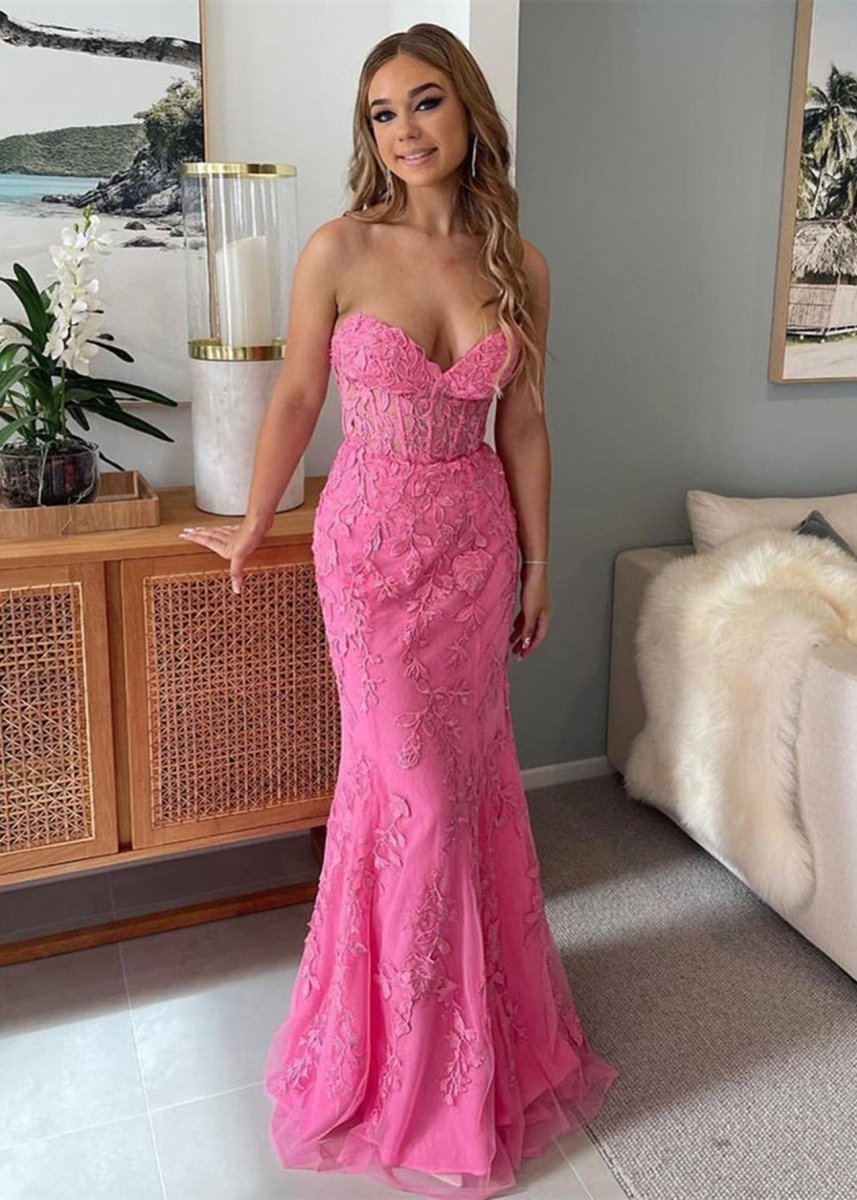 Evie |Mermaid Strapless Lace Prom Dress With Appliques - KissProm