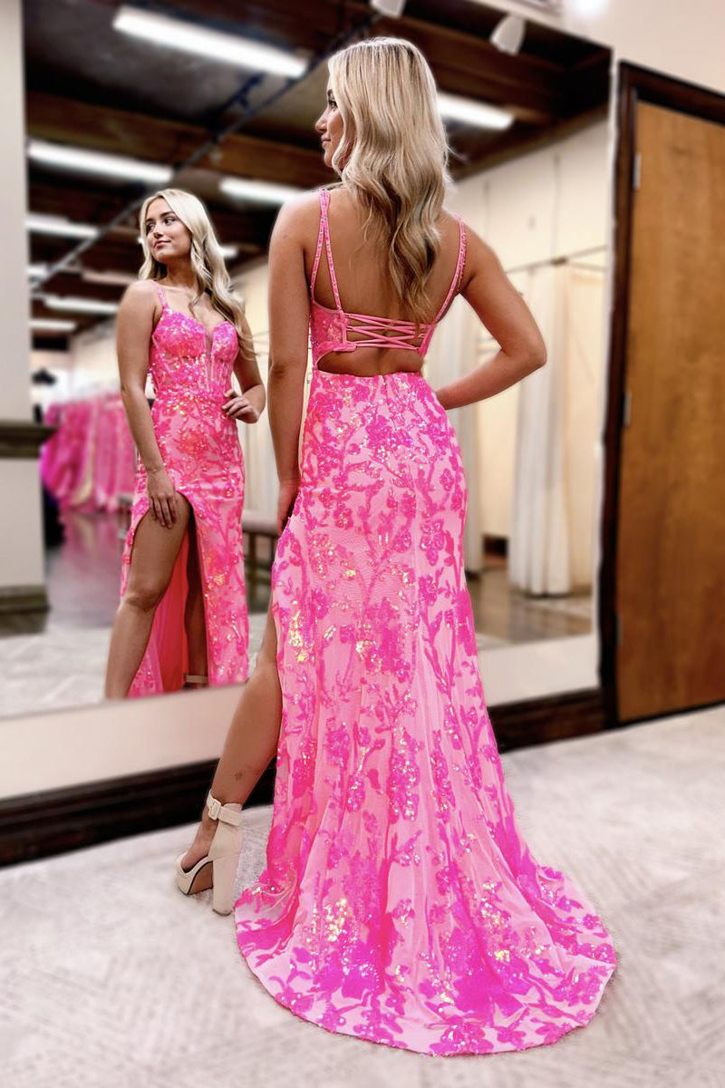 Pink Sweetheart Sequins Lace Mermaid Prom Dresses with Slit