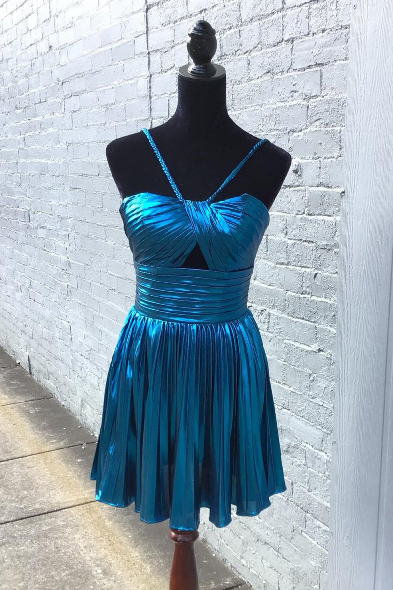 Seresa | Gloden A - Line Metallic Spaghetti Strap Pleated Homecoming Dress - KissProm