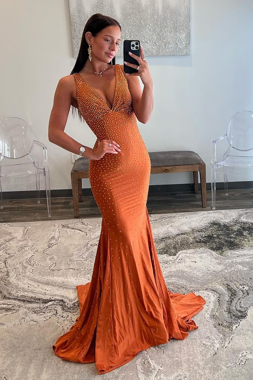 Orange Prom Dress with Beaded Straps