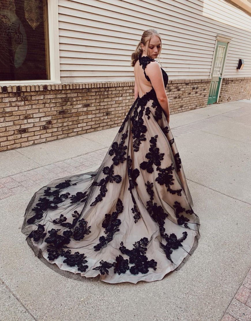 Black and best sale champagne prom dress