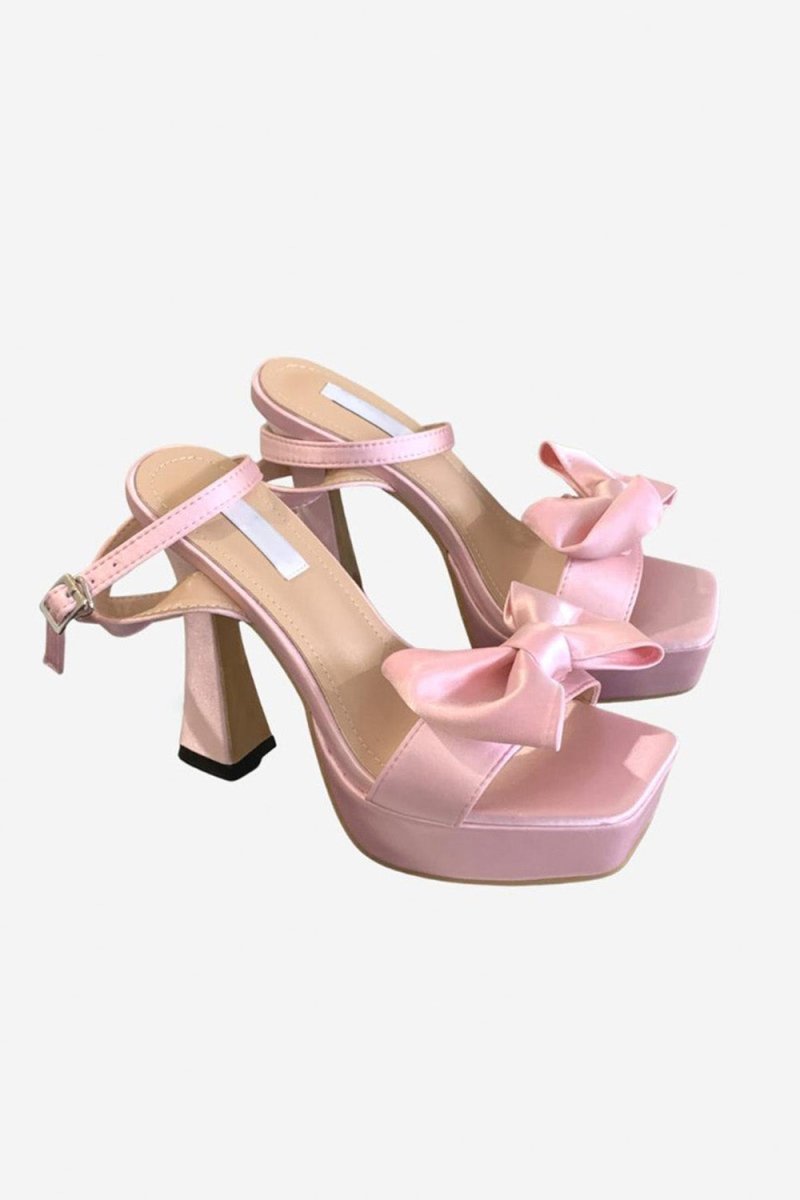 Pink Chunky High Heel Sandals with Bow - KissProm