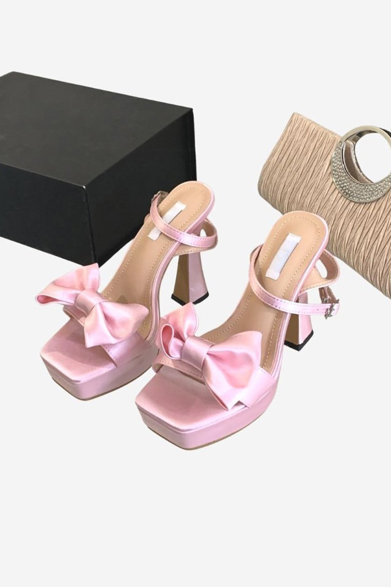 Pink Chunky High Heel Sandals with Bow - KissProm