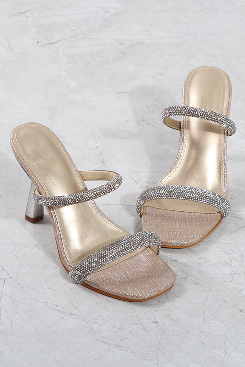 Square Toe Rhinestone Stiletto Sandals - KissProm