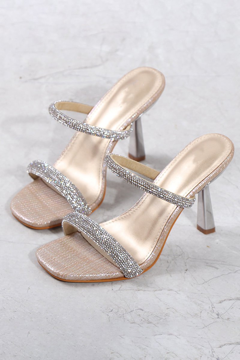 Square Toe Rhinestone Stiletto Sandals - KissProm