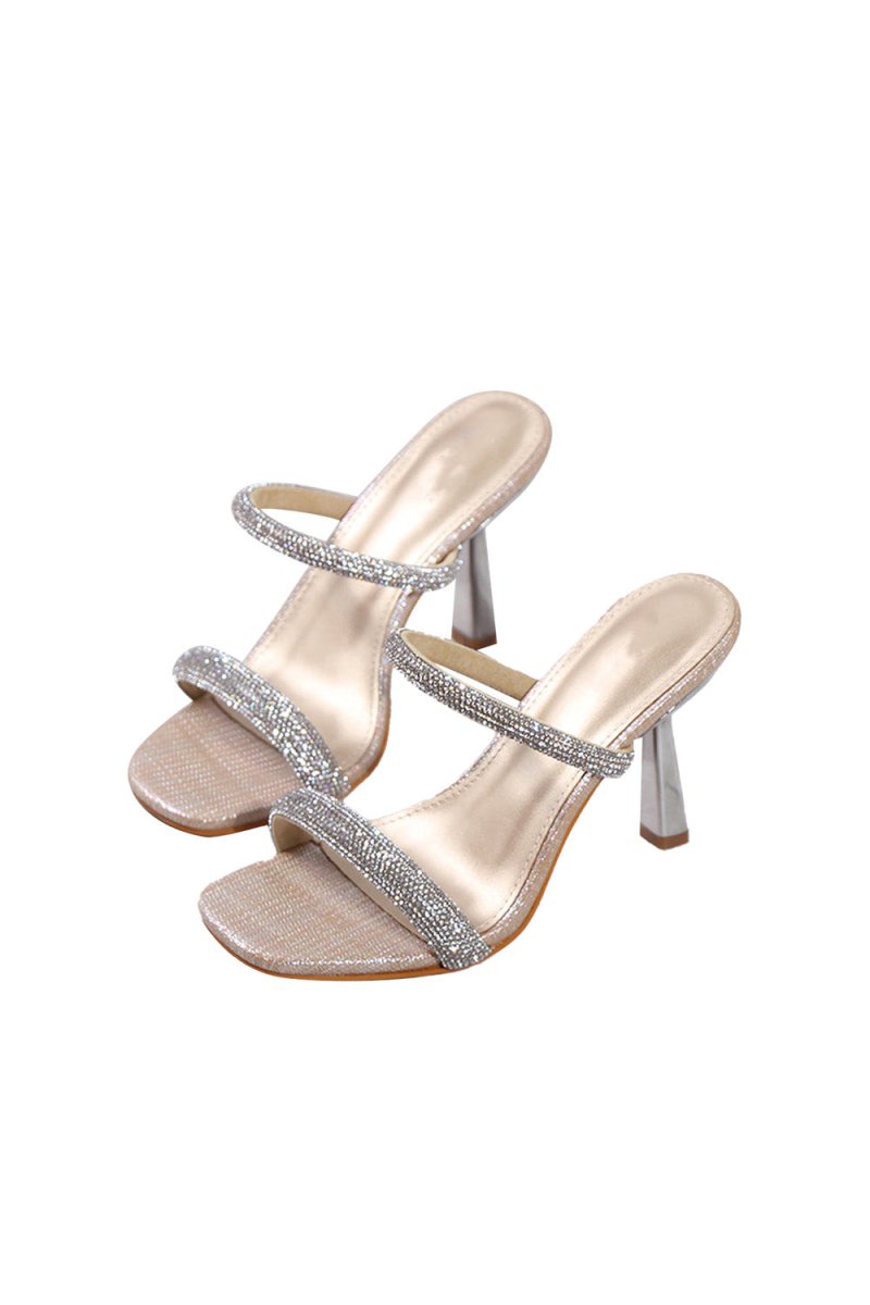 Square Toe Rhinestone Stiletto Sandals - KissProm