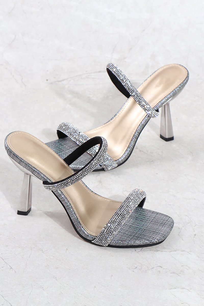 Square Toe Rhinestone Stiletto Sandals - KissProm