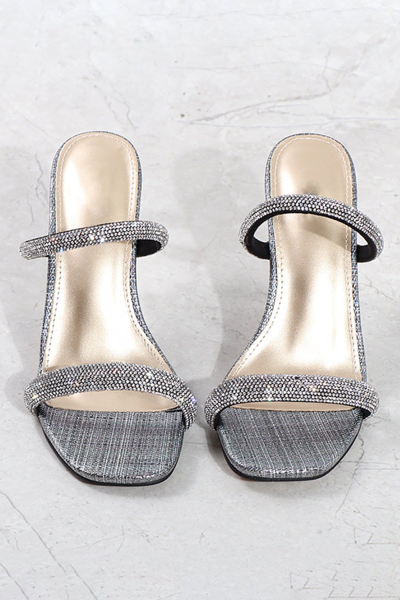 Square Toe Rhinestone Stiletto Sandals - KissProm