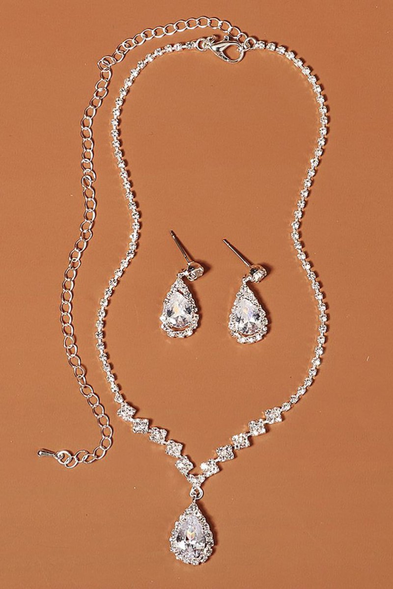 Rhinestone Drop Bridal Earrings Necklace Set - KissProm