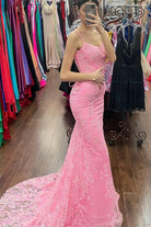 Azariah | Mermaid Pink Lace Appliques Long Prom Dress - KissProm